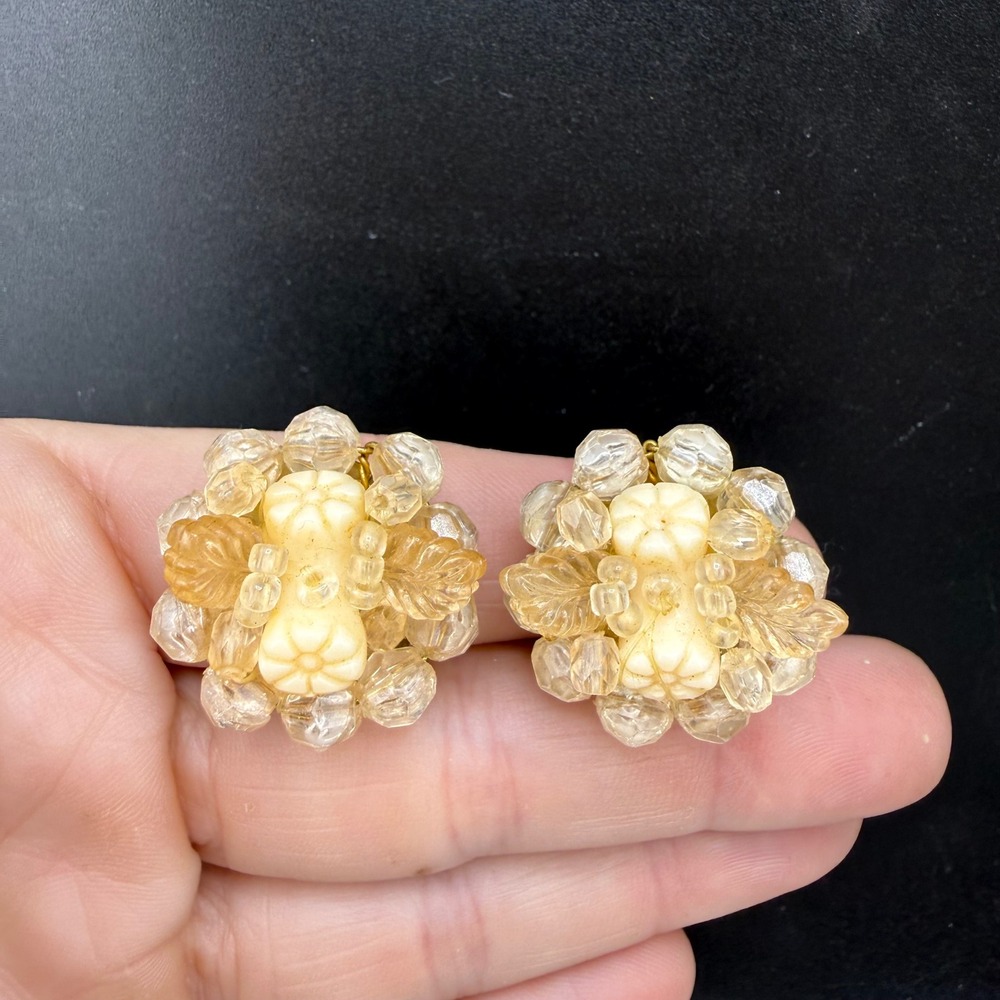 Vintage West Germany Clip On Earrings Brown Cream Beaded Floral Cluster Leaf